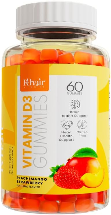 Khair Halal Vitamine D3 Gummies pour le soutien des os et des muscles - Non-OGM, sans gluten et sans gélatine, végétalien, certifié halal, naturel de la mangue, de la pêche et des arômes de fraises - 60 Gummies