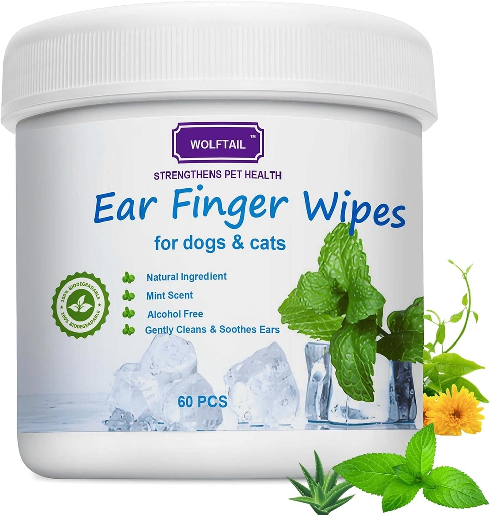 Wipes d'oreille de chien pour chiens et chats, 60 Comte Grande Taille - Enlever délicatement la cire d'oreille, les débris - Soie et désodorisants - Démangeaisons et inflammation de l'oreille, parfum de noix de coco frais