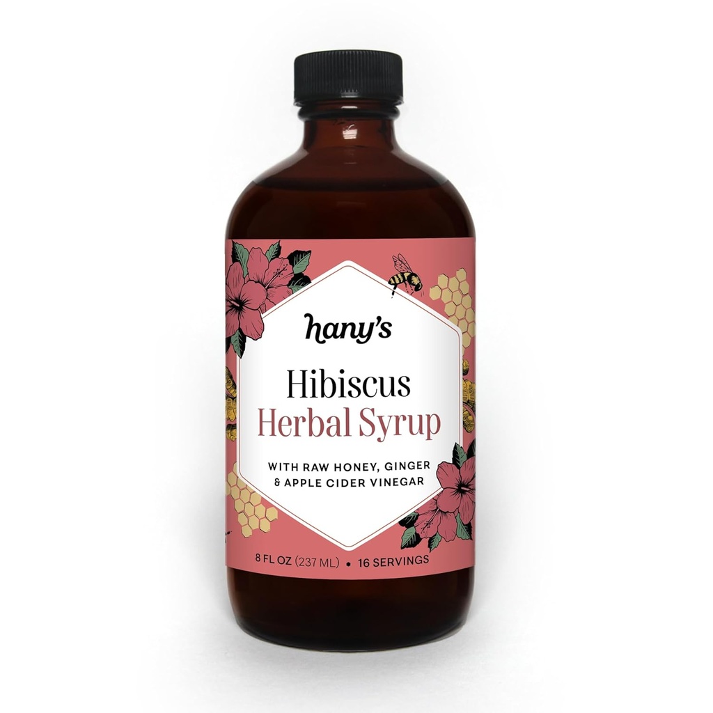 Hany's Harvest Hibiscus Ginger Herbal Syrup – 8 fl oz | All-Natural Wellness Tonic, Apple Cider Vinegar, Ginger, Hibiscus & Lemon | Non-GMO, Gluten-Free, Handcrafted