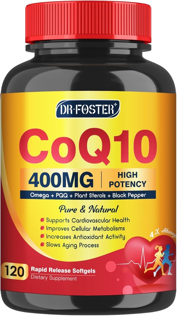 CoQ10 400mg SoftGels COQ10 - CQ10 Coenzyme Q10 Supplément, plus PQQ, Oméga 3, et vitamine E, pour l'énergie cardiaque et cellulaire, 120 portions