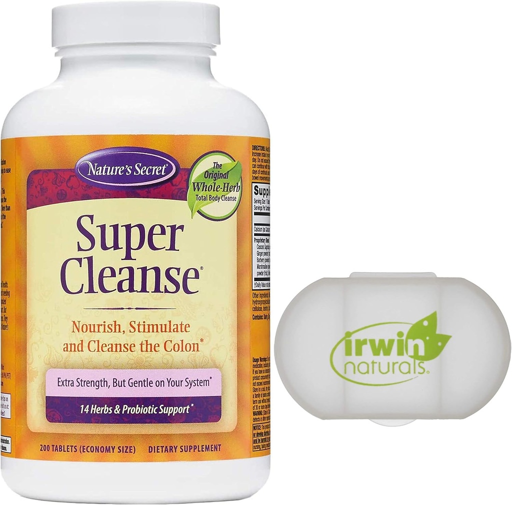 Nature Secret Super Cleanse Extra Strength Toxin Detox & Gentle Elimination Totale Body Cleanse, Digestive & Colon Health Support, 200 comprimés, avec un cas de pilule