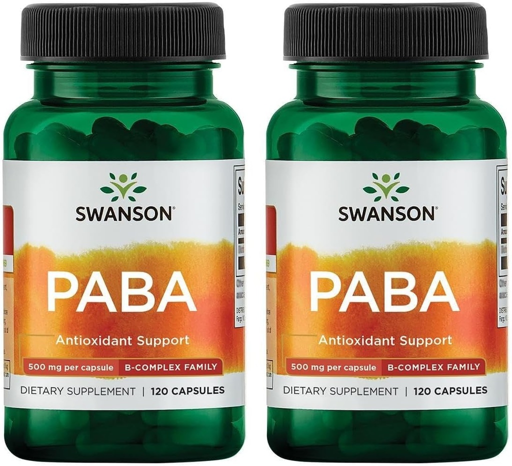 Swanson PABA - Complexe B puissant soutenant la formation de cellules sanguines rouges - Composante acide folique aidant à fournir de l'oxygène aux cellules et au soutien de la santé de la peau - (120 capsules, 500 mg chacune) (2 paquets)