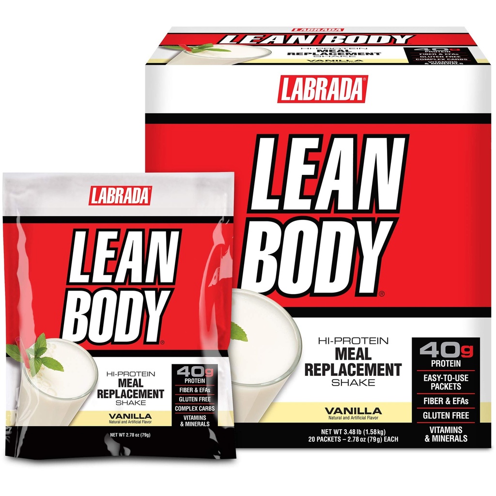 Lean Corps MRP All-In-One Vanilla substitut de repas Shake, 40g de protéines, mélange de lactosérum, 8g de graisses saines EFA et fibre, 22 vitamines et minéraux, Pas de couleur artificielle, sans gluten, (20 paquets)