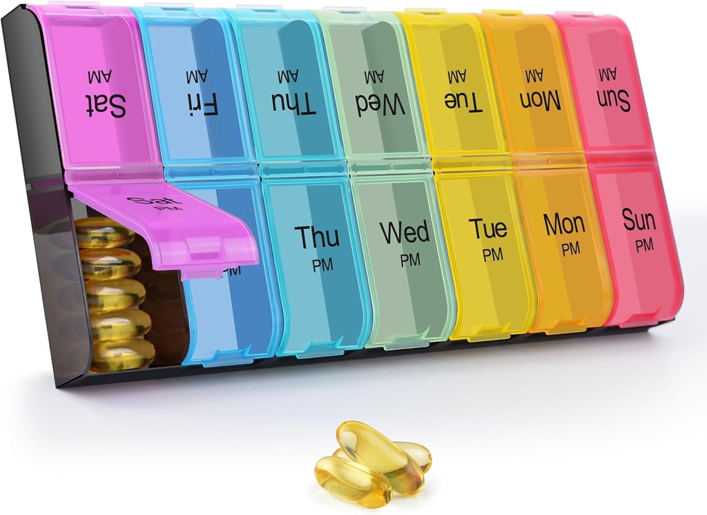 GRENCYCLE Extra Large Weekly Pill Organizer 2 fois par jour, 7 jours Pill Box AM PM Medicine Planner Dispenser Case with XXL Compartiment Home Pill Container for Vitamines Fish Oil Suppléments (Rainbow)