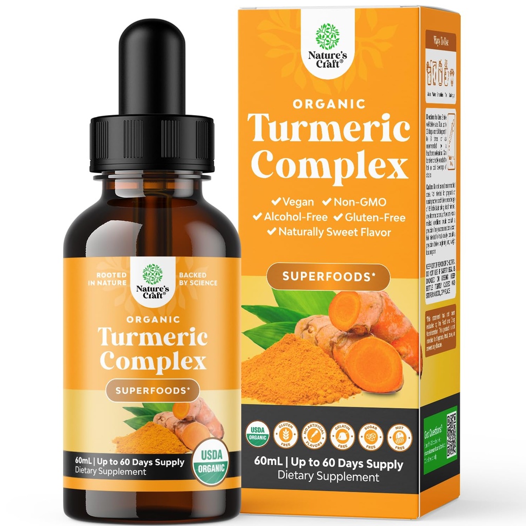 Gouttes liquides curcuma organiques pour adultes - Curcumine curcuma avec poivre noir, cannelle et extrait de gingembre liquide pour douleur articulaire, mobilité et inflammation - Gouttes curcuma pour support immunitaire - 60ml (2oz)