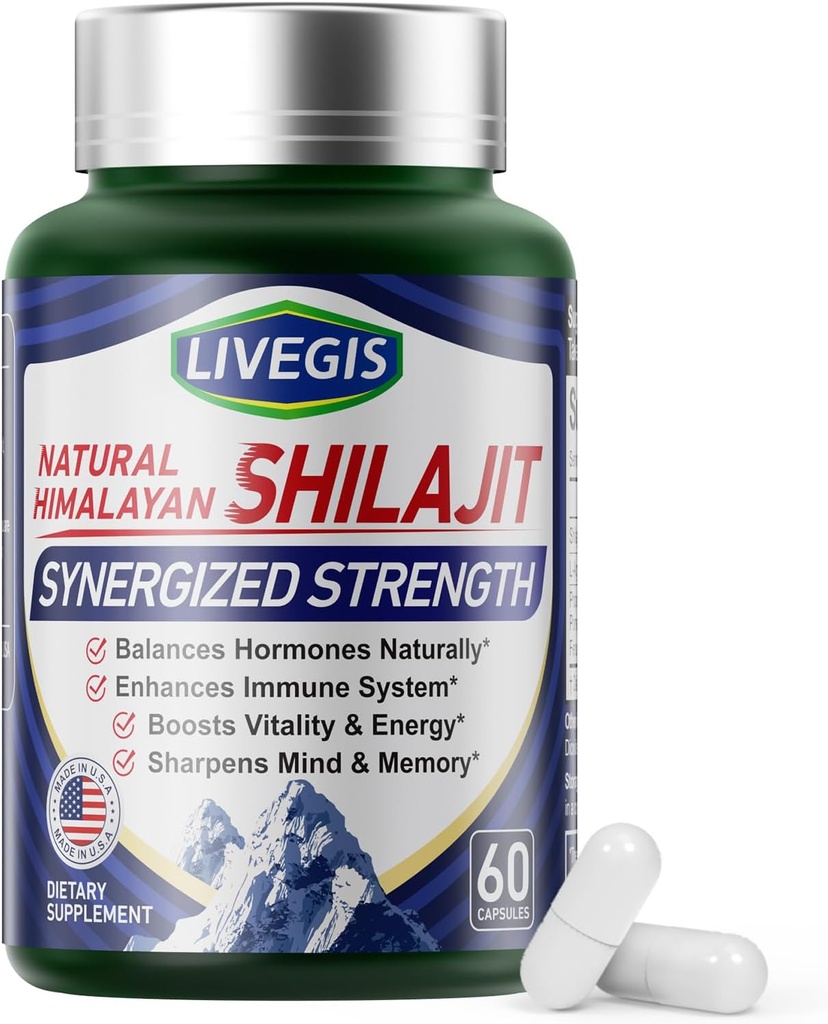 Himalayan Shilajit Capsules Hormones d'équilibre, stimuler l'immunité, améliorer la vitalité et la mémoire, supplément haute puissance avec divers ingrédients, non-OGM naturel et biologique - 60 comtes