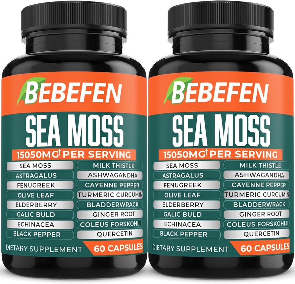 BEBEFEN (2 boîtes) 15050mg Capsules de mousse de mer avec Ashwagandha, Fenugreek, Bladderwrack et plus - Système immunitaire et gestion du corps