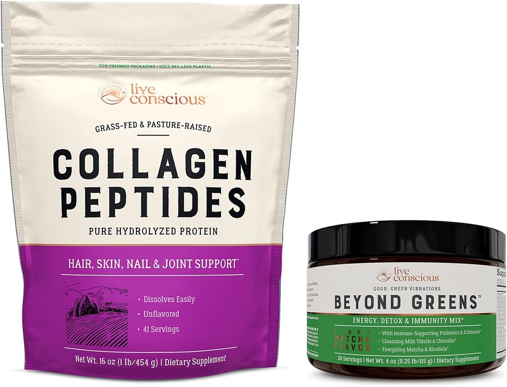 Collagen Peptides & Beyond Greens (Hair, Skin, Nail, and Joint Support) + Immune Boost, Detox, & Energy