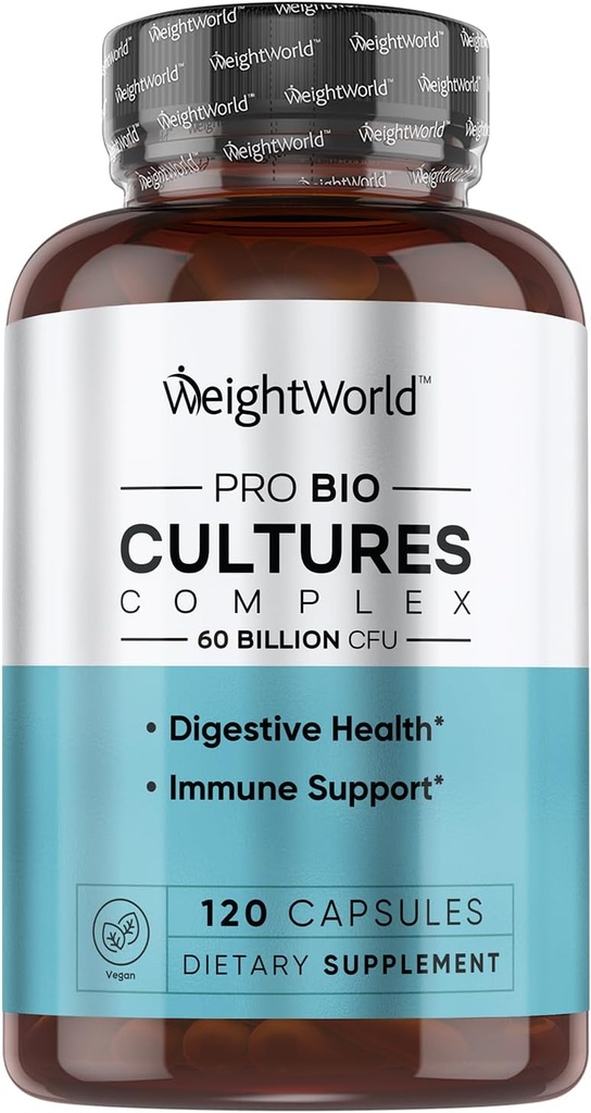 WeightWorld Bio Cultures Complex - Probiotique pour les femmes et les hommes - Testé en laboratoire de troisième partie - 120 capsules véganes (2 mois d'approvisionnement) - 60 milliards CFU avec 20 souches probiotiques - Vegan, non OGM et sans gluten