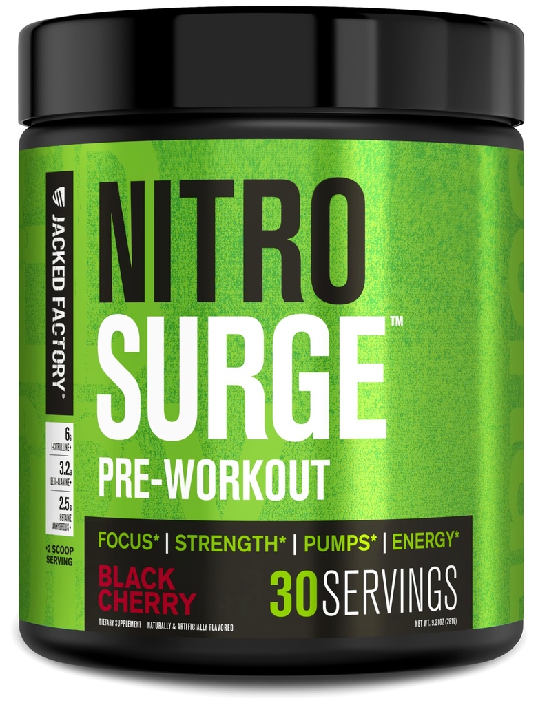 Supplément de pré-entraînement Jacked Factory NITROSURGE - Endless Energy, Instant Strength Gains, Clear Focus et Pompes Intenses - NO Booster & Powerful Preworkout Poudre d'énergie - 30 portions, cerise noire