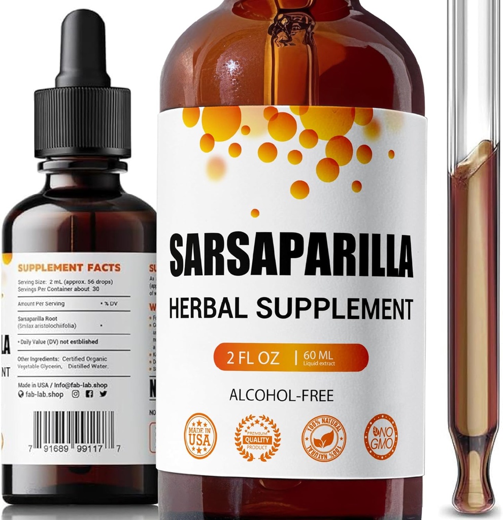 FabLab Sarsaparilla Root Tincture - Herbal Supplement for Detox and Immune Support - 2 Fl Oz - Alcohol-Free - Non-GMO - Supports Healthy Skin, Hormone Balance, and Digestion
