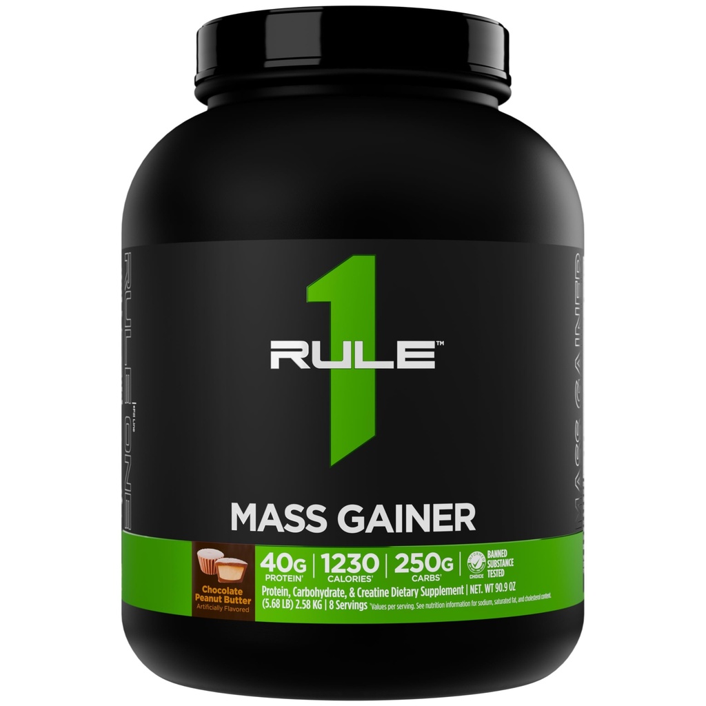 Règle 1 Gaineur de masse - Formule de gain de poids haute-Calorie avec 1,220+ Calories, 250g+ Mélange complexe de glucides, 40g Protéines de tout lactosérum par portion (8 portions, beurre d'arachide au chocolat)