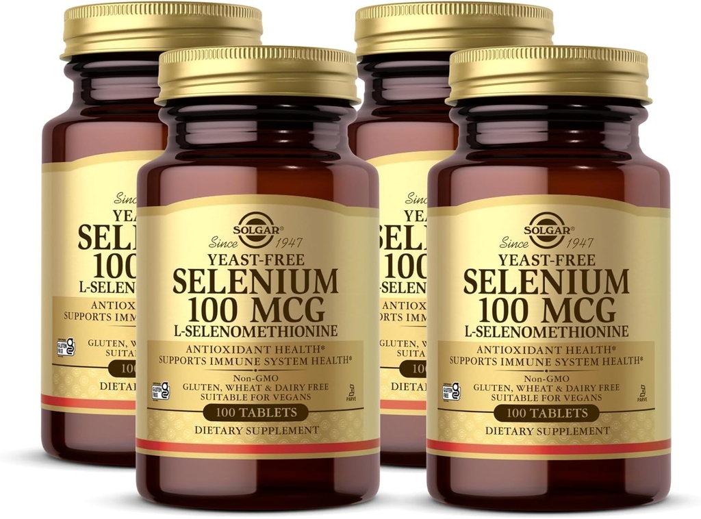 Solgar Yeast-Free Selenium 100 mcg - 100 Tablets, Pack of 4 - Supports Antioxidant & Immune System Health - Non-GMO, Gluten Free, Dairy Free, Kosher - 400 Total Servings