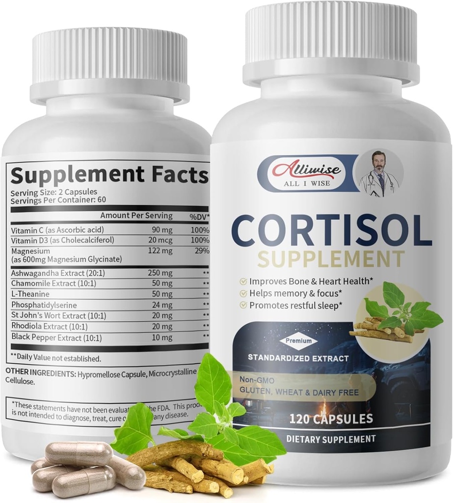 Cortisol Suppléments pour les femmes et les hommes, Cortisol Manager avec Magnésium, Ashwagandha, Rhodiola, L-Theanine, niveaux de cortisol balancés pour Mood,Focus,Zzz Support