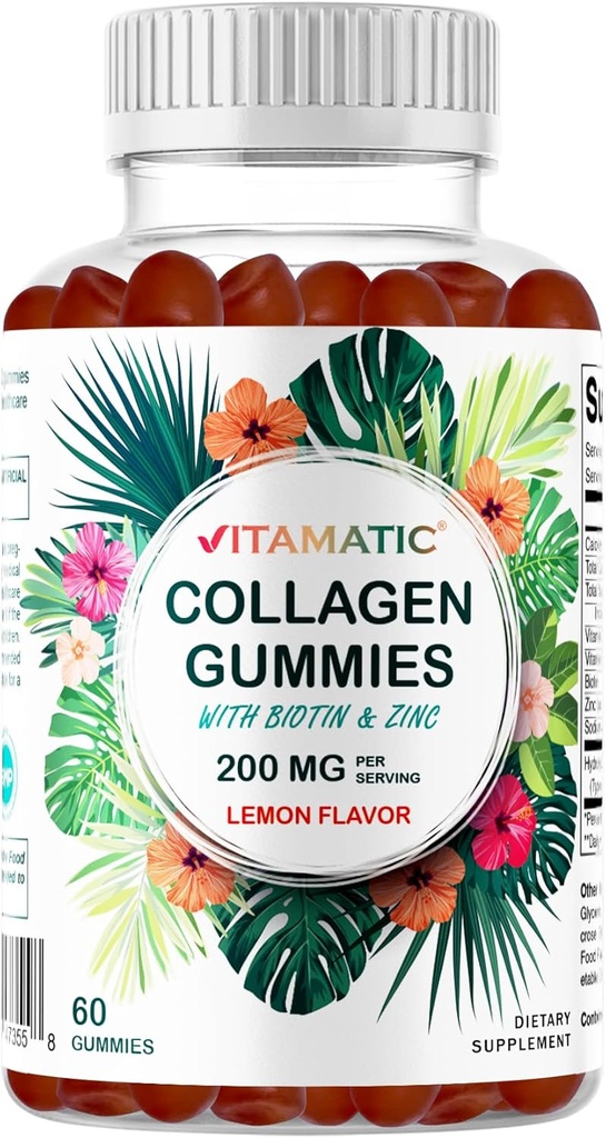 Gommies de collagène hydrolysés Vitamatique avec vitamine C, zinc et biotine, 200 mg - Soutien cutané sain - 60 Gommies