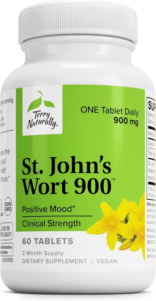Terry naturellement St John's Wort 900-60 Comprimés - Fournit une dose clinique complète - Non-OGM, végétalien, sans gluten - 60 portions