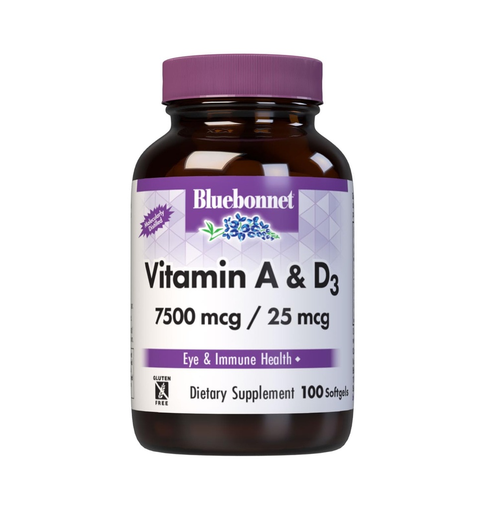 Bluebonnet Nutrition Vitamine A & D3 25 000 UI/1 000 UI provenant de la mer profonde, de l'eau froide, de l'huile de poisson - Pour la santé des yeux et la fonction immunitaire* - Sans gluten - Sans lait - Distillé moléculairement - 100 Softgel/Serviments