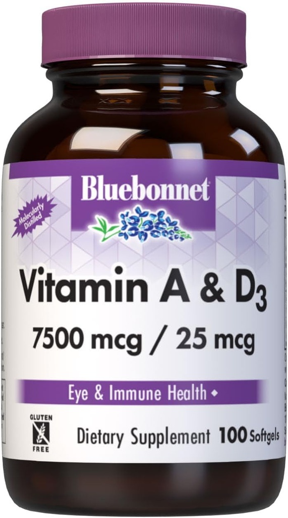 Bluebonnet Nutrition Vitamine A & D3 25 000 UI/1 000 UI provenant de la mer profonde, de l'eau froide, de l'huile de poisson - Pour la santé des yeux et la fonction immunitaire* - Sans gluten - Sans lait - Distillé moléculairement - 100 Softgel/Serviments