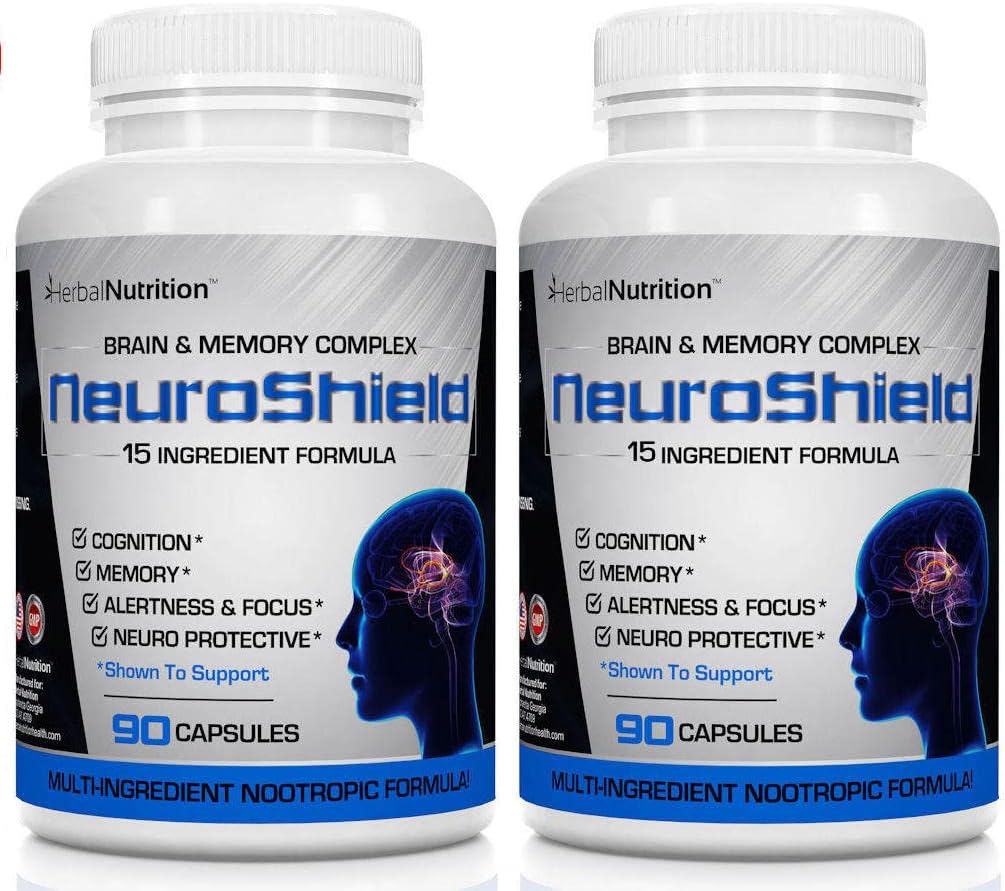 NeuroShield, Supplément Cerveau Un Supplément Cerveau Nootrope et Mémoire, Contient Huperzine A, Ginko Biloba, Bacopa Plus Antioxydants pour la Santé du Cerveau, Multi-Ingrédients, 2 Bouteilles, 180 Capsules