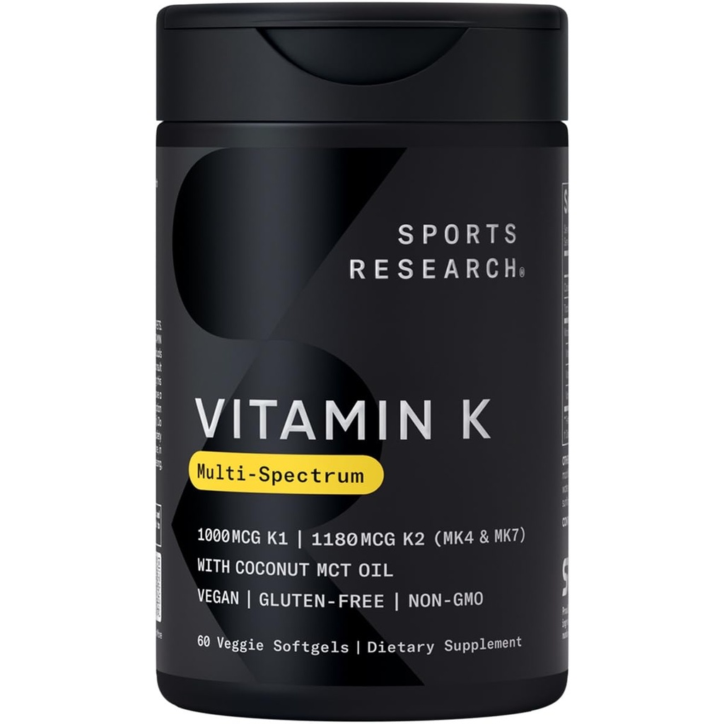 Recherche sportive Vitamine K Multi-Spectrum - Trois types de Vitamine K: K1, K2 MK-4 et K2 MK-7 - Végétalien Friendly, Plantgel Capsule - 60 softgels