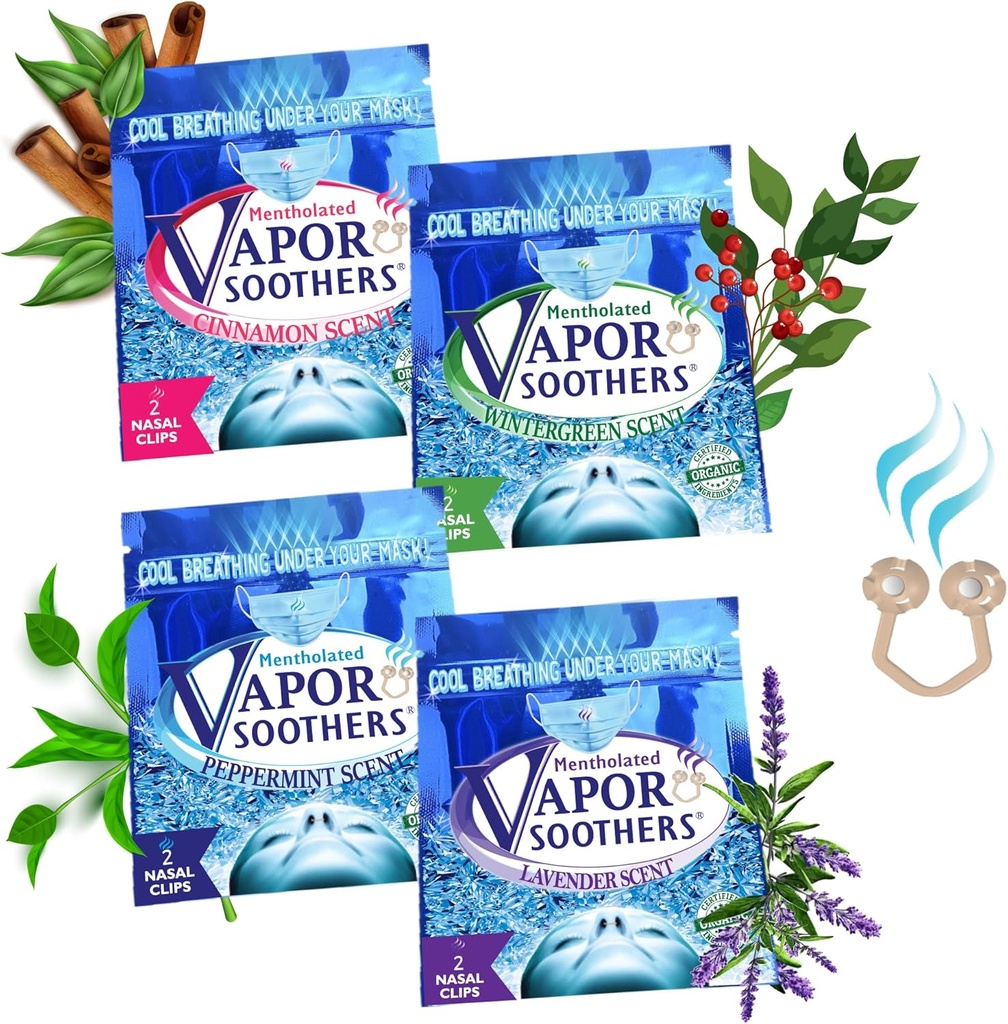 Dilateur nasal clips, Cool & Easy Respiration sous votre masque, 4-Scent Variety Pack (Peppermint, Wintergreen, Cannelle, Lavande), 8 comte, Instant Nasal Congestion Relief, Sans drogue