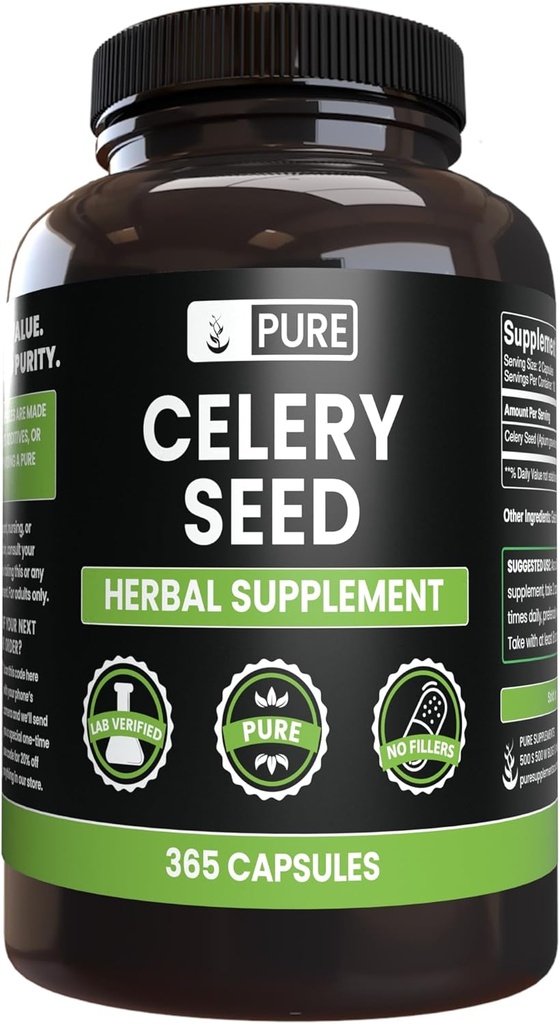Ingrédients originaux purs Graines de céleri Pas de magnésium ou de riz, Toujours pur, Verifié en laboratoire (365 capsules)