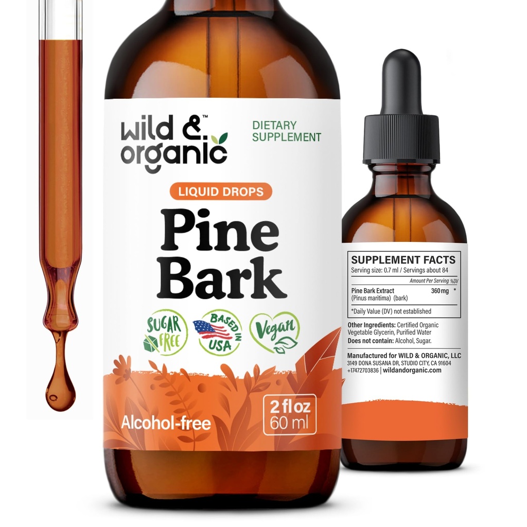 Teinture d'extrait d'écorce de pin sauvage et biologique - Support antioxydant - Pinus Pinaster Suppléments - French Maritime Bark Liquid Drops - 2 mois - Vegan, Alcool & Sugar-Free - 2 fl oz
