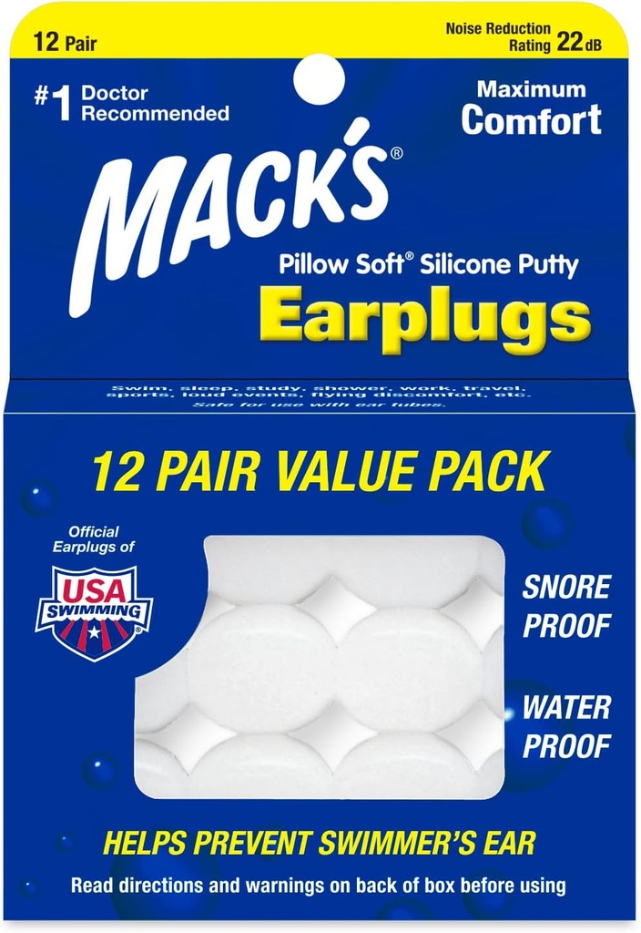 Mack's Oreiller Soft Silicone Earplugs, 12 Pairs – Les bougies originales en silicone pour dormir, ronfler, nager, voyager, Concerts et étudier