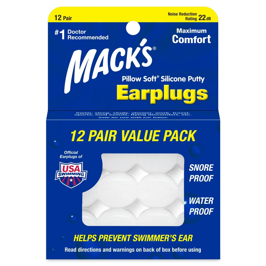 Mack's Oreiller Soft Silicone Earplugs, 12 Pairs – Les bougies originales en silicone pour dormir, ronfler, nager, voyager, Concerts et étudier