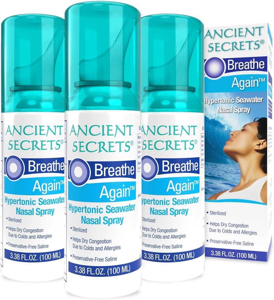 SECRETS ANCIENTS Spray nasal saline - Respirer à nouveau Spray nasal hypertonique d'eau de mer, Allergie et soulagement du sinus, Hydratant de congestion nasale, 3,38 Fl Oz (paquet de 3)