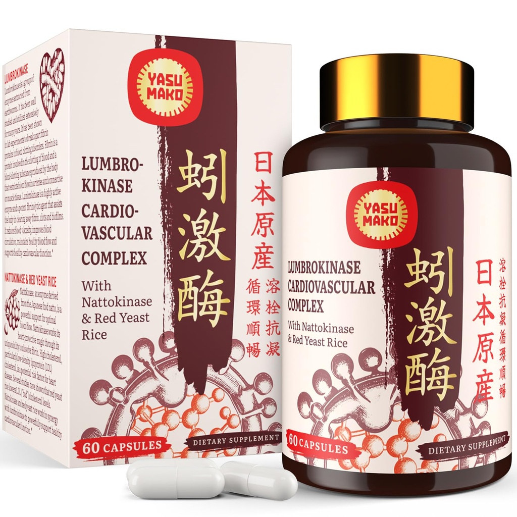 Lumbrokinase 100mg (Max Activity 1,000,000 LKU),Nattokinase 100mg-2,000 FU d'activité et riz de levure rouge 300mg, Potent Lumbrokinase Enzymes Supplément pour Circulatoire,Cognition,60 Capsules(Pack of 1)