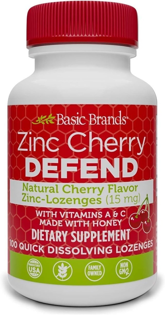 Marques de base – Zinc Cherry Defend - 100 Lozenges - Naturel Saveur de cerise Zinc–Lozenges - Immune Boost, Cold Relief, non-OGM, acétate de zinc et vitamine C - 2-Pack