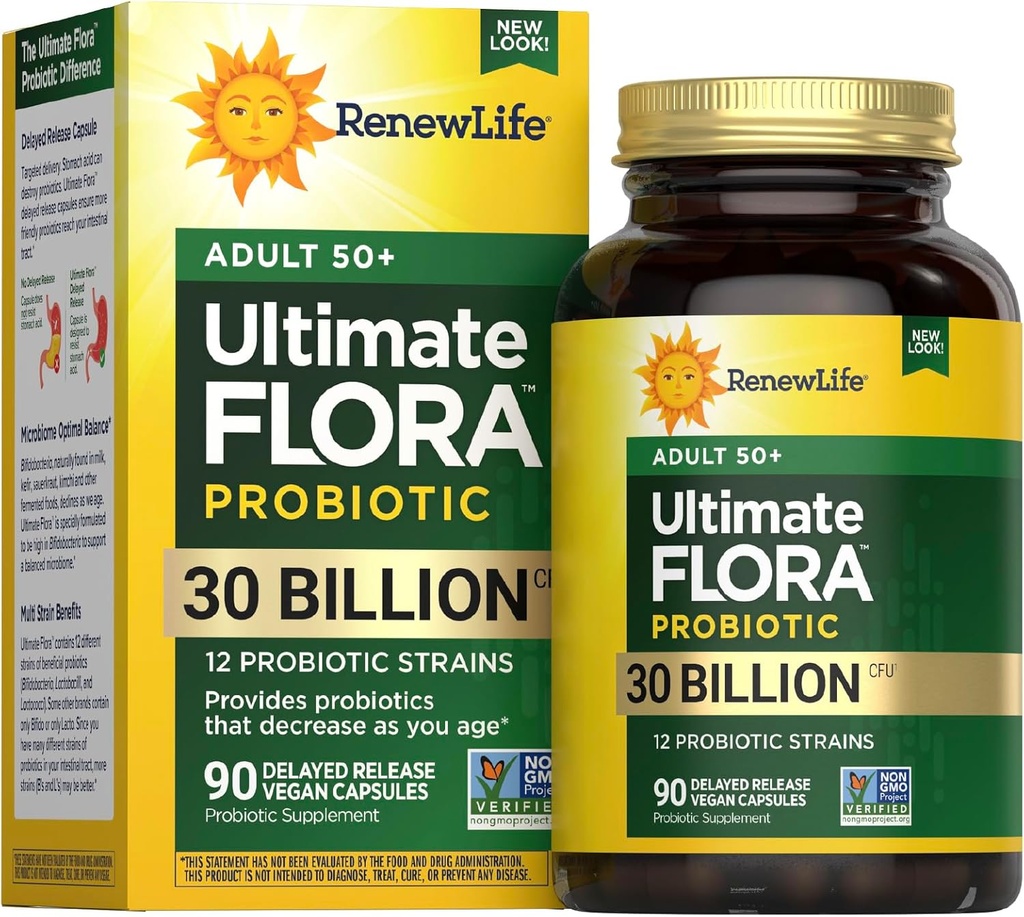 Renouveler la vie Probiotique Adulte 50 Plus Capsules Probiotiques, Supplément quotidien soutient la santé urinaire, digestive et immunitaire, L. Rhamnosus GG, laiterie, soja et sans gluten, 30 Million CFU, 90 Compte