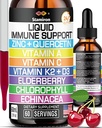 Zinc Quercetin Vitamine C D3 Immune liquide avec vitamine A K2 Echinacea Chlorophylle et Elderberry - 9in1 Immune Defense Drops Complex pour l'immunité Santé respiratoire - 60 portions