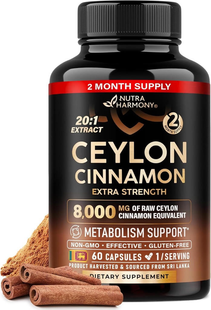 Ceylan Cinnamon Capsules - Extra Strength - Energy Heart & Metabolism Support for Men & Women - Supplément d'extrait de cannelle naturelle pure 20:1 - sans OGM et sans gluten - Fabriqué aux États-Unis - 60 capsules 2 mois