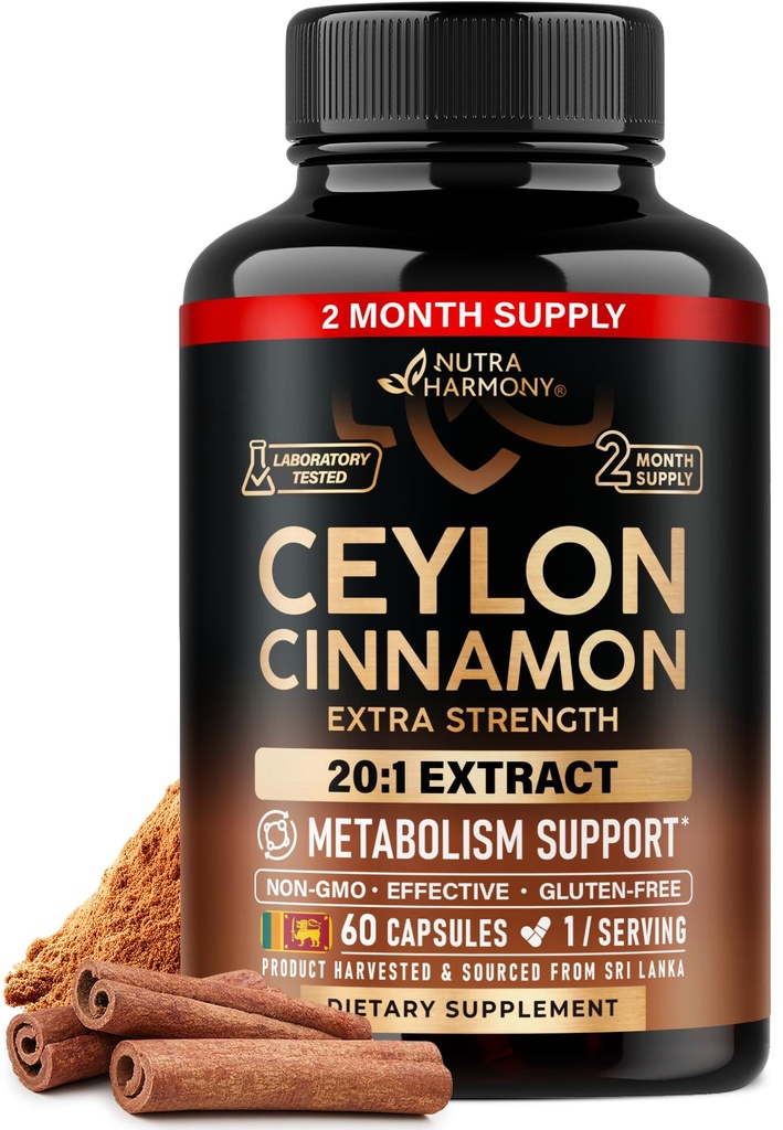 Ceylan Cinnamon Capsules - Extra Strength - Energy Heart & Metabolism Support for Men & Women - Supplément d'extrait de cannelle naturelle pure 20:1 - sans OGM et sans gluten - Fabriqué aux États-Unis - 60 capsules 2 mois
