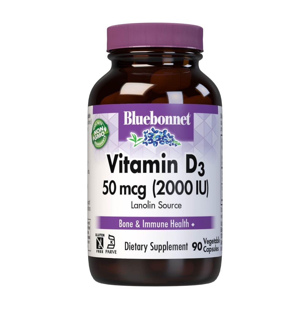 BlueBonnet Vitamine D3 2000 UI Capsules végétales, 90 Nombre