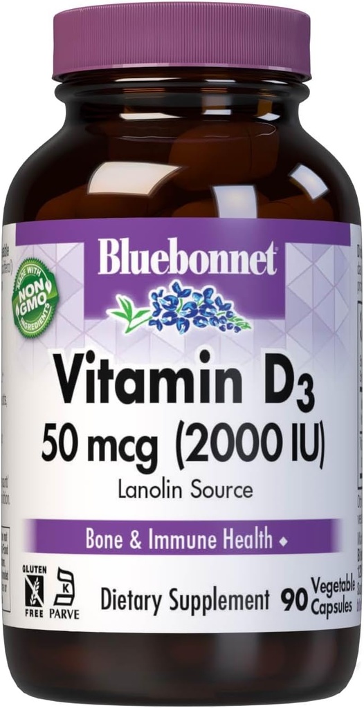 BlueBonnet Vitamine D3 2000 UI Capsules végétales, 90 Nombre