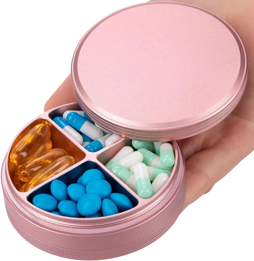 Metal Pill Organizer 4 Compartiments - Portable Travel Pill Case Daily, Imperméable Pill Box for Purse, Compact Pill Holder Distributeurs de contenants de médicaments pour supplément d'huile de foie de morue de vitamine rose