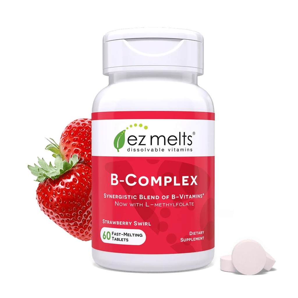 EZ Melts Dissolvable B-Complex - Vitamin B Complex - Provides Energy Metabolism & Heart Health Support - with Methylated B12 & Folate - Non-GMO & Vegan - Strawberry Swirl - 60 Tablets (60 Servings)