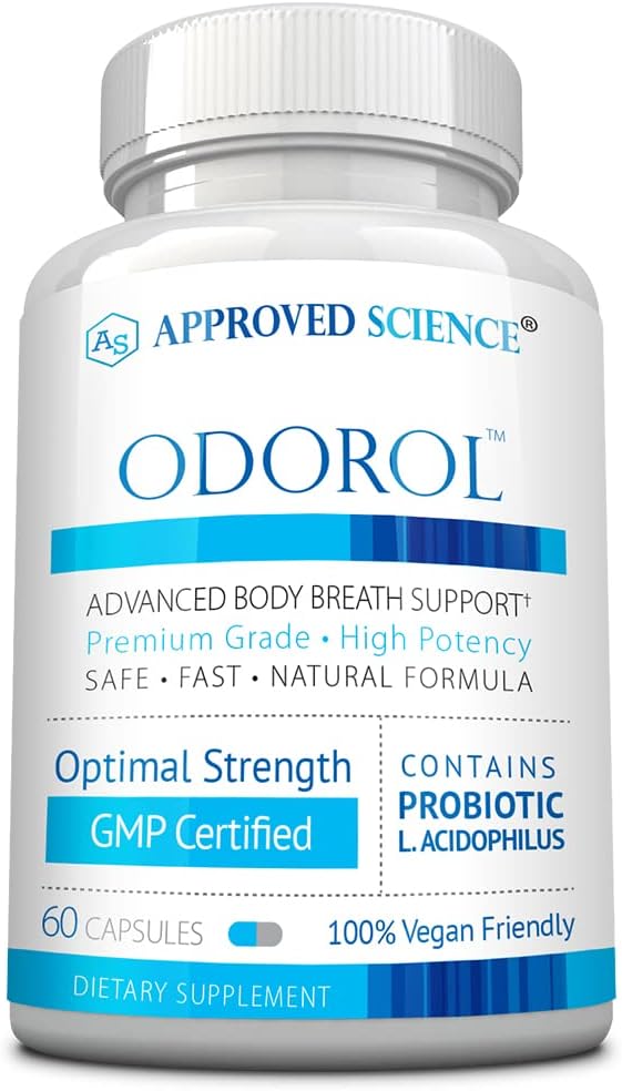 Approuvé Science Odorol - 60 Capsules - Freshen Bad Breath and Body Odor - Contient L.acidophilus, Thé Vert, Magnolia Bark, Huile de menthe poivrée et Fenouil - Tout naturel, végétalien amical, non-OGM