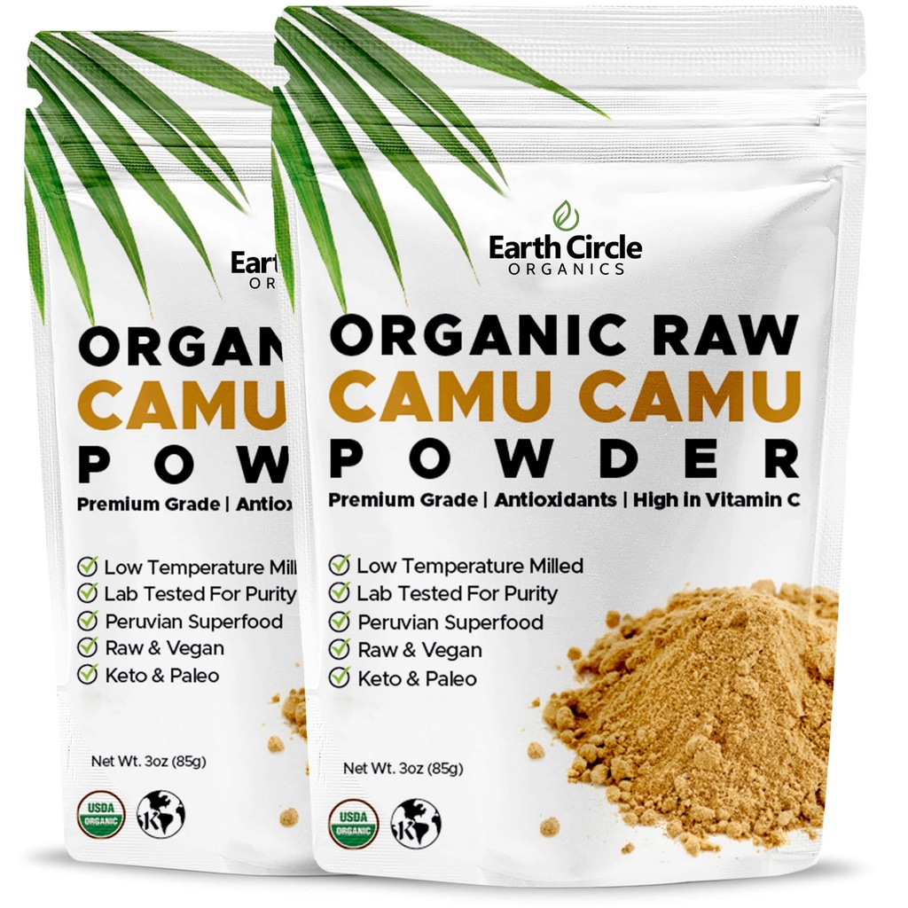 Earth Circle Organics Camu Poudre Camu – Poudre de baies crues organiques avec vitamine naturelle C et antioxydants – Vegan, Kosher, Superaliment non OGM pour l'immunité et l'énergie – 3oz (paquet de 2)