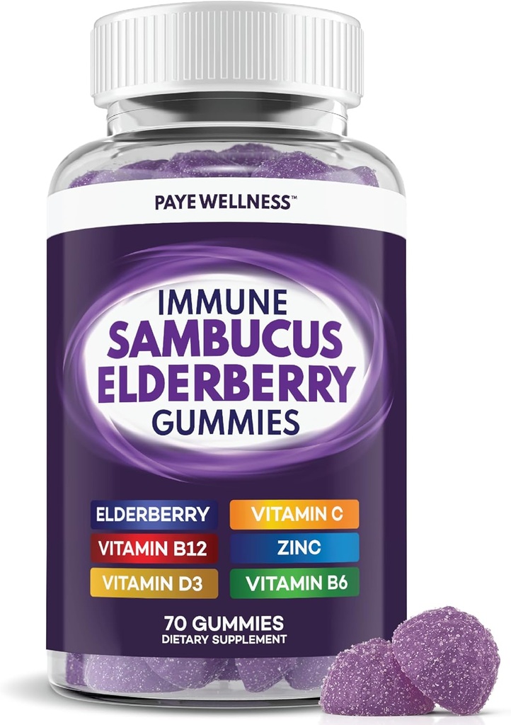 Gummies de baies aînées Soutien immunitaire, soutien quotidien pour les enfants et les adultes*, avec Sambucus Elderberry, Zinc, vitamine C, D3, B6, B12, Plus - Supplément alimentaire - 70 Compte