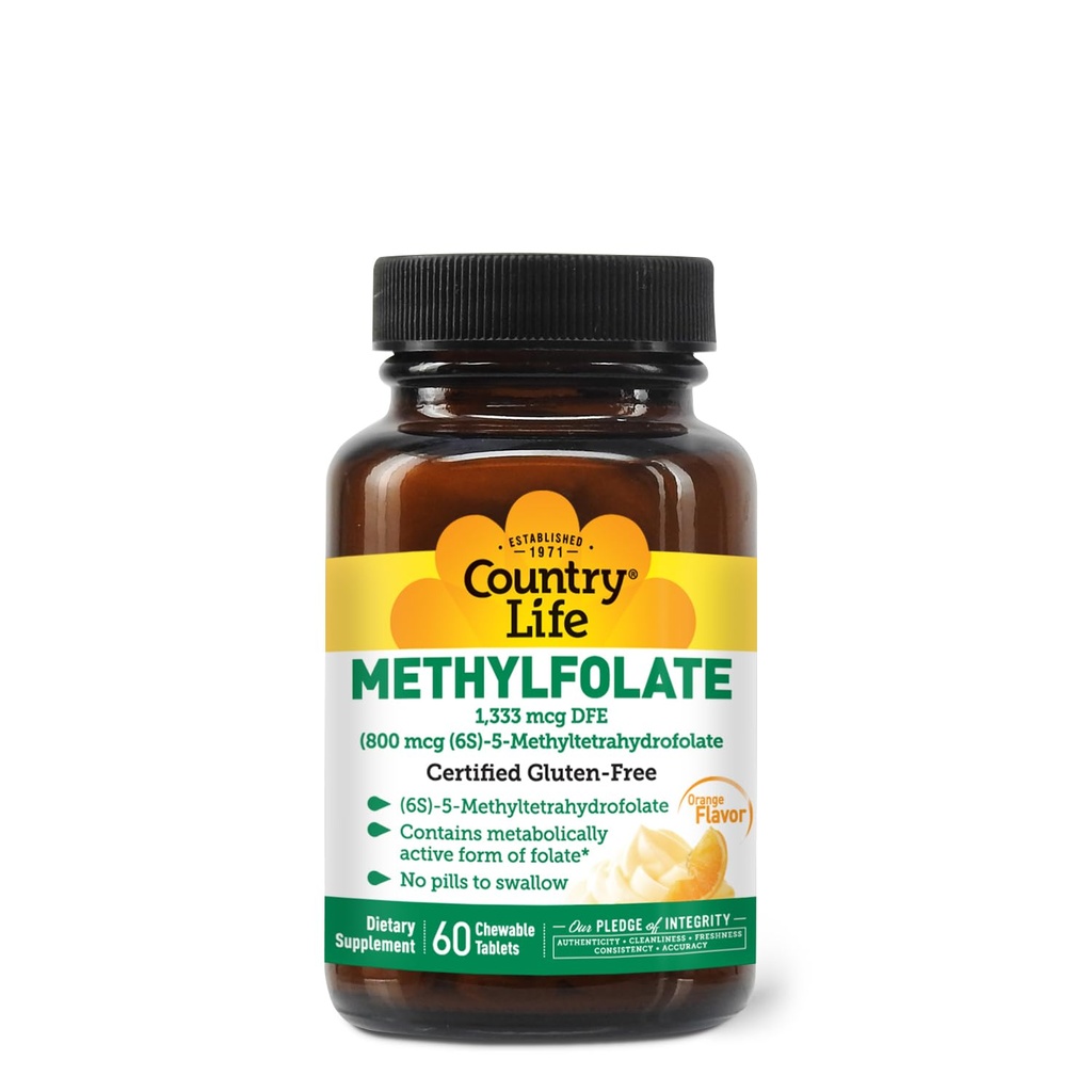 Pays Vie Méthylfolate Comprimés à croquer - Folate métaboliquement actif - Grand goût d'orange - Sans gluten - Mels lisses - Vegan B12 - Vitamines pour femmes - Supplément quotidien - 60 comprimés