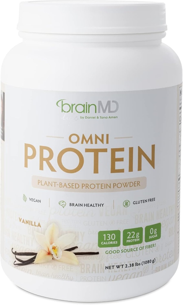 BRAINMD Dr Amen Omni Protein Vanilla - 2,38 lbs - Poudre végétale de protéines - favorise la récupération d'énergie et d'exercice - végétalien, végétarien, sans sucre, sans gluten - 30 portions