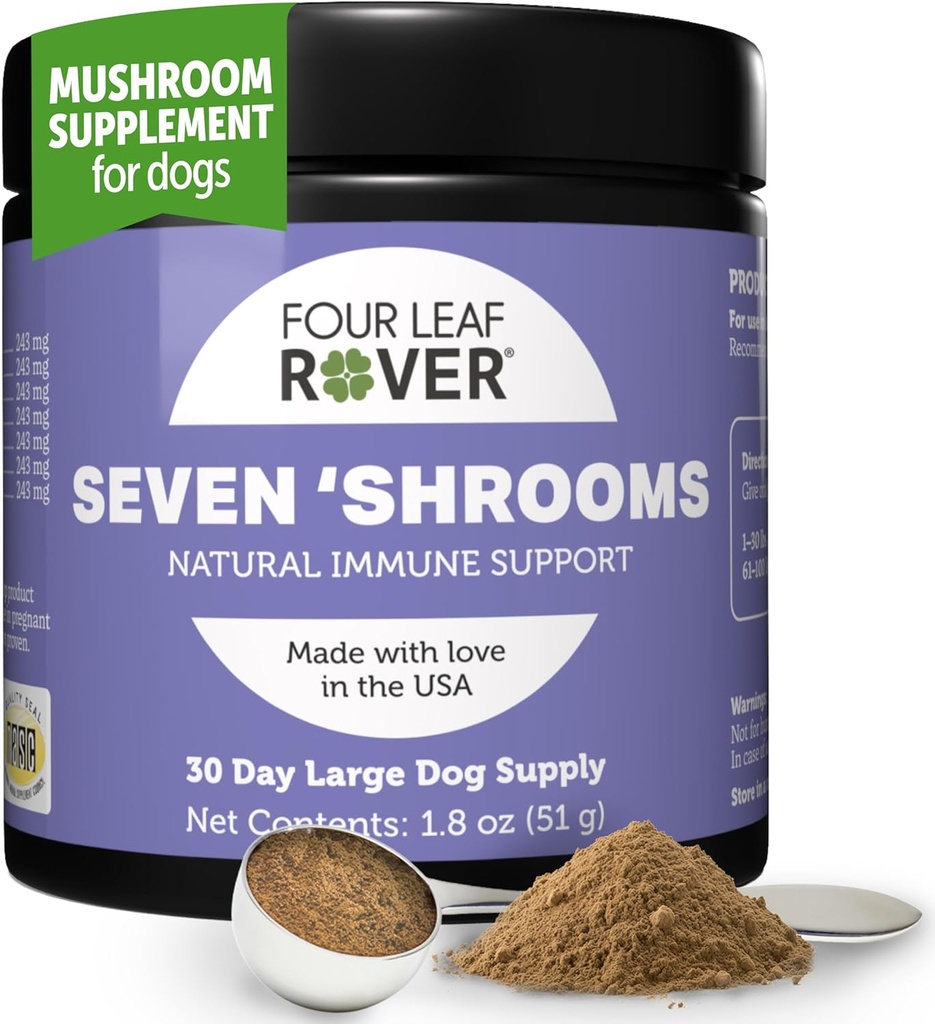 Four Leaf Rover Seven Shrooms - Supplément de champignons biologiques pour chiens - Extrait de champignons entiers formulé par un vétérinaire