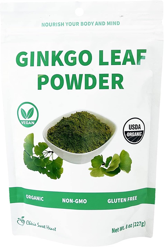 Chérie Sweet Heart Bio Ginkgo Biloba Poudre de feuille, sans remplissage, sans OGM, favorable aux végétaliens (8 once)