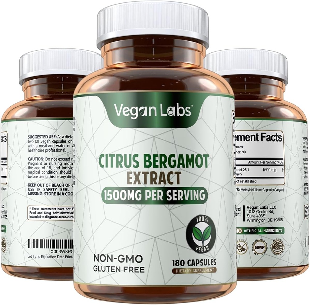 Vegan Labs Citrus Bergamot Extract 1500MG- 180 Capsules Vegan- 25:1 Citrus Bergamia Extract- soutient la santé globale et la protection antioxydante- sans gluten, non-OGM