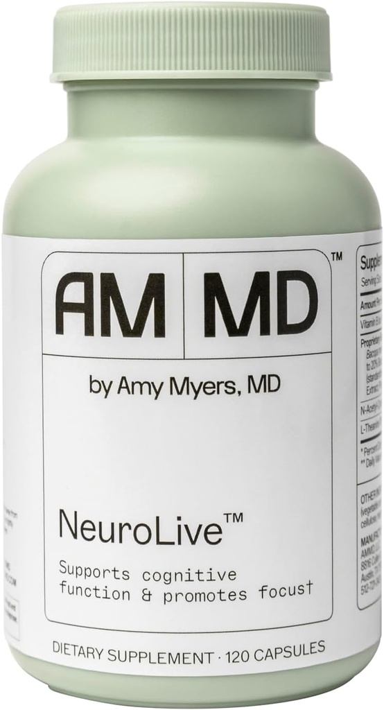 Amy Myers MD NeuroLive - Supplément santé cérébrale pour la fonction cognitive et le soutien focal - avec vitamine B - Sans gluten, sans lait et sans soie - 120 capsules (60 portions)