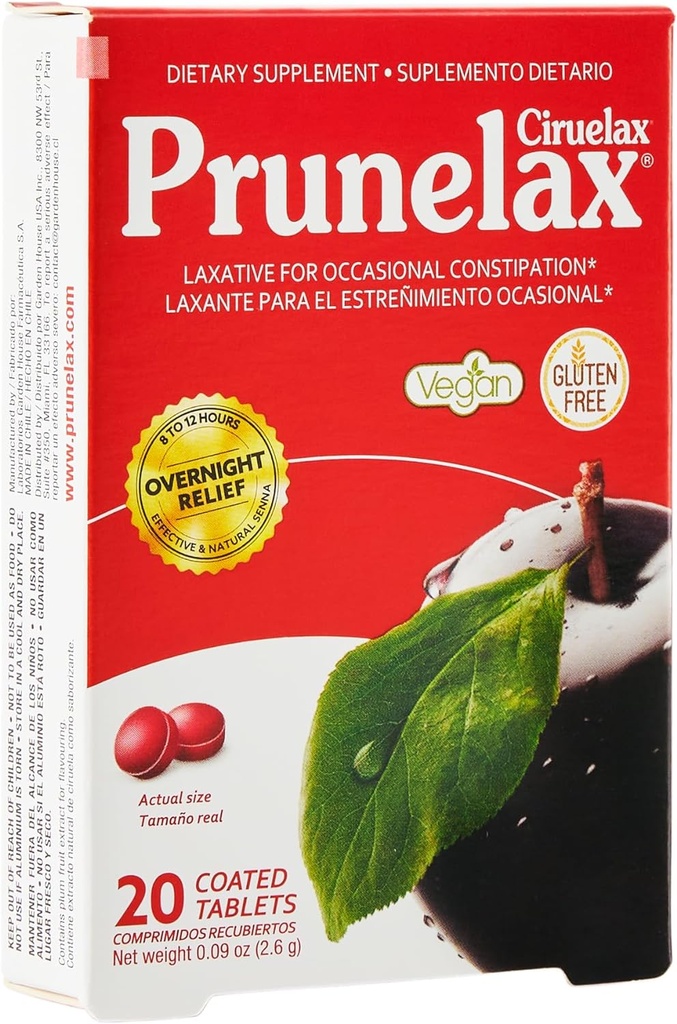 Prunelax Ciruelax Force régulière Laxative Mini Comprimés - Relief nocturne pour Constipation occasionnelle, Extrait de Senna, Vegan & sans gluten, Relief doux - 20ct